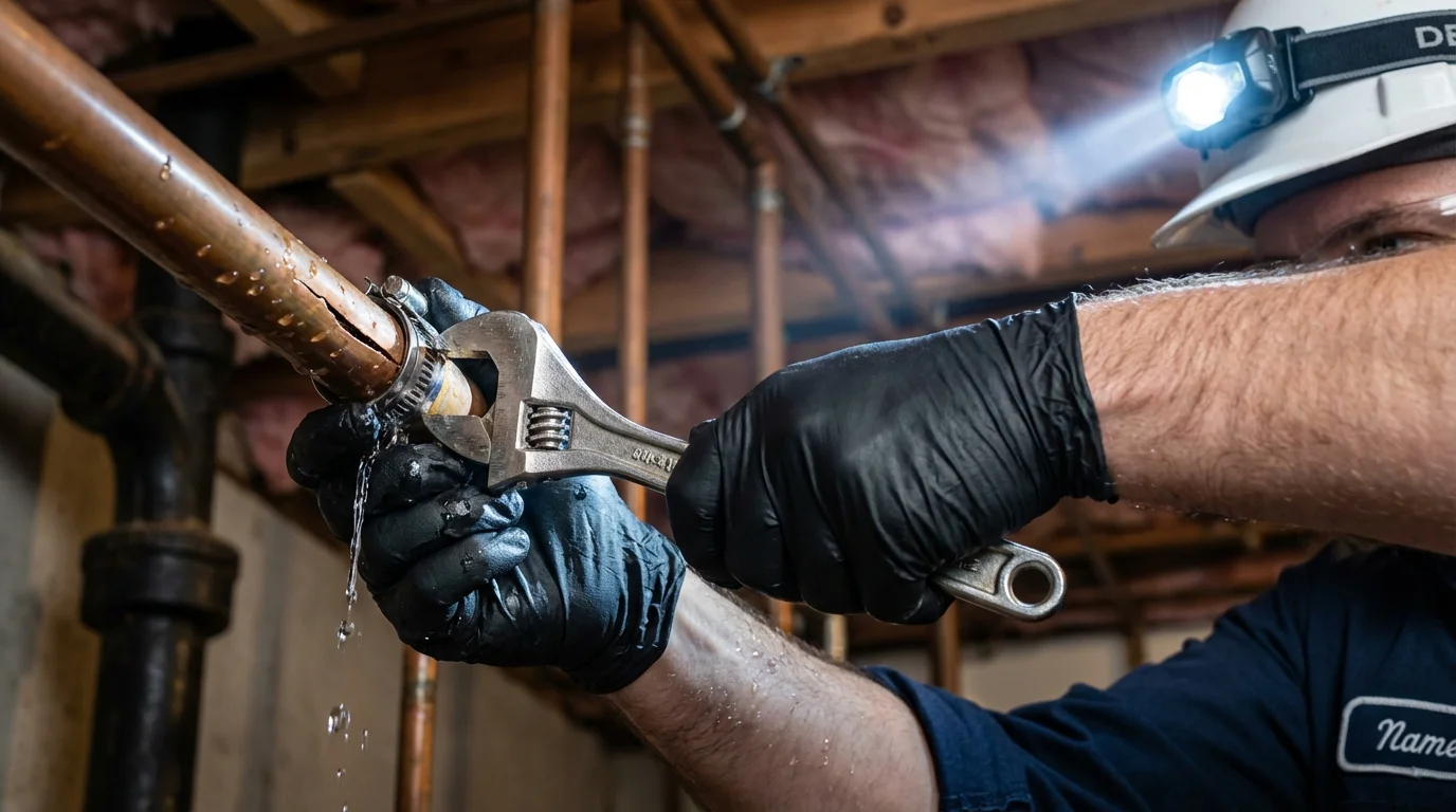 Emergency pipe clamp repair being performed by a Johns Plumbing LLC plumber in Middletown