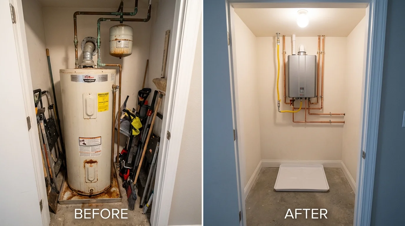 Tank water heater versus wall-mounted tankless unit comparison for Middletown, VA homeowners